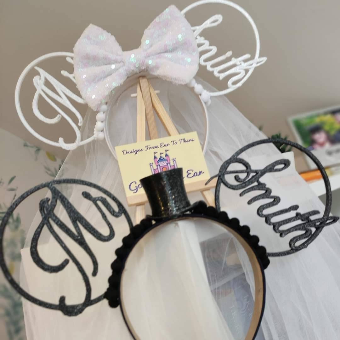 Personalised Bride Groom Veil Wedding Disney Minnie and Mickey Inspired Mouse Style Ears Headband Sparkly Sequin White Black Top Hat