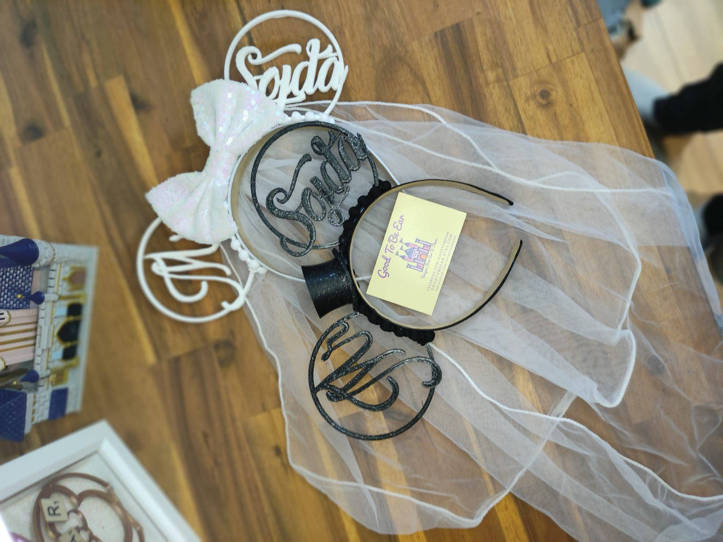 Personalised Bride Groom Veil Wedding Disney Minnie and Mickey Inspired Mouse Style Ears Headband Sparkly Sequin White Black Top Hat