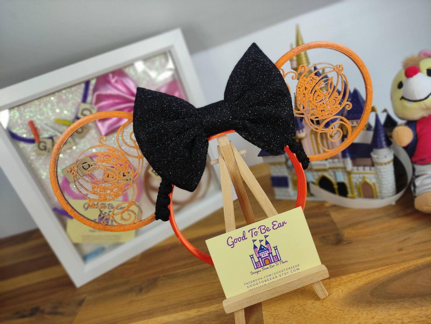 Halloween Cinderella Carriage Princess Disney Minnie and Mickey Inspired Mouse Style Ears Headband Sparkly Sequin Orange Black