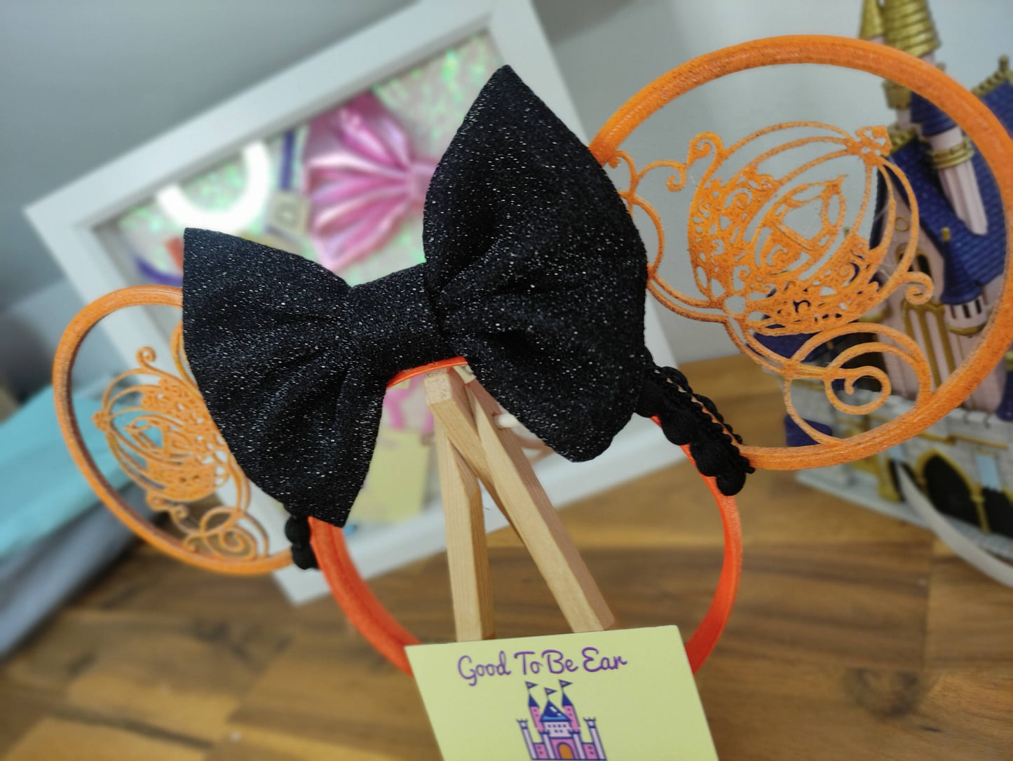 Halloween Cinderella Carriage Princess Disney Minnie and Mickey Inspired Mouse Style Ears Headband Sparkly Sequin Orange Black