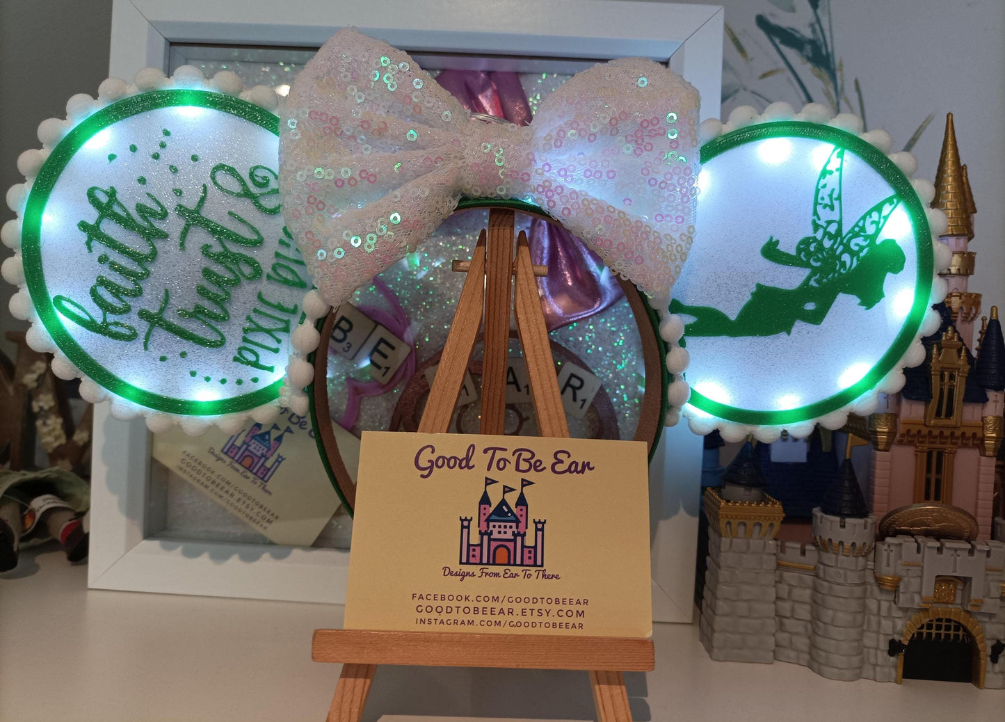 Tinkerbell Fairy Pixie Dust Disney Minnie and Mickey Inspired Light Mouse Ears Headband - Disney World Magic Kingdom Green White