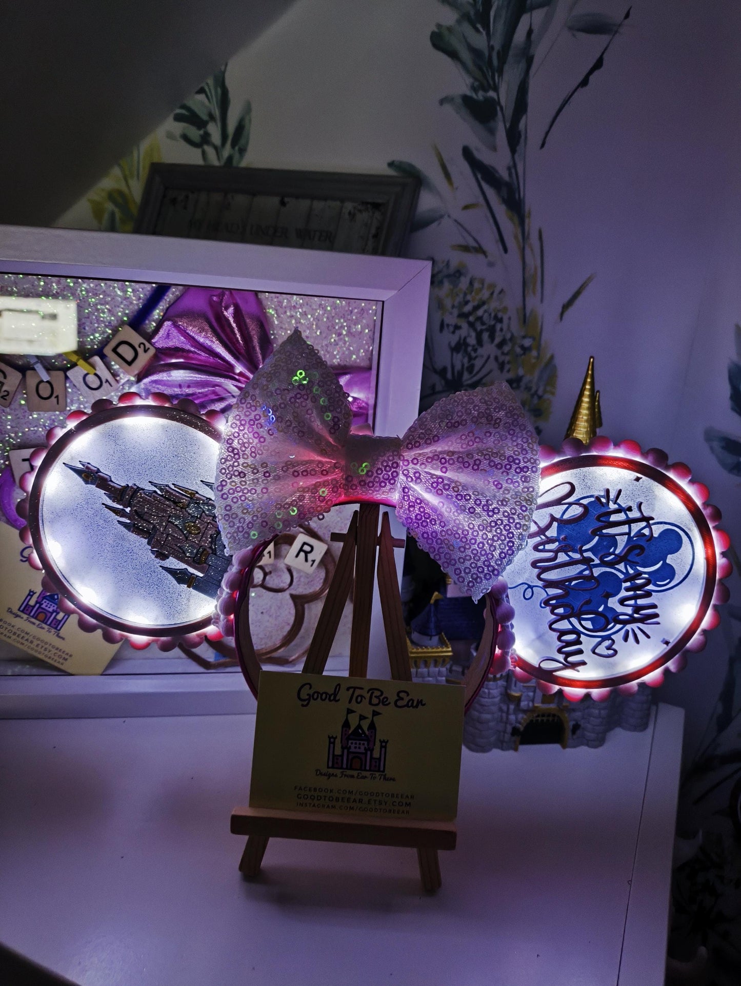 Sleeping Beauty Princess Castle Birthday Disney Minnie and Mickey Inspired Light Mouse Ears Headband- Disney Land White Blue Pink