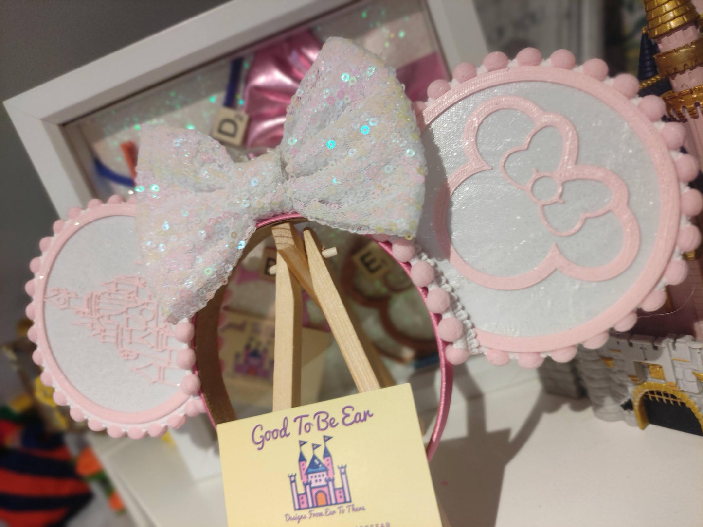 Sleeping Beauty Princess Castle Disney Minnie and Mickey Inspired Light Mouse Ears Headband - Disneyland Paris Pink White