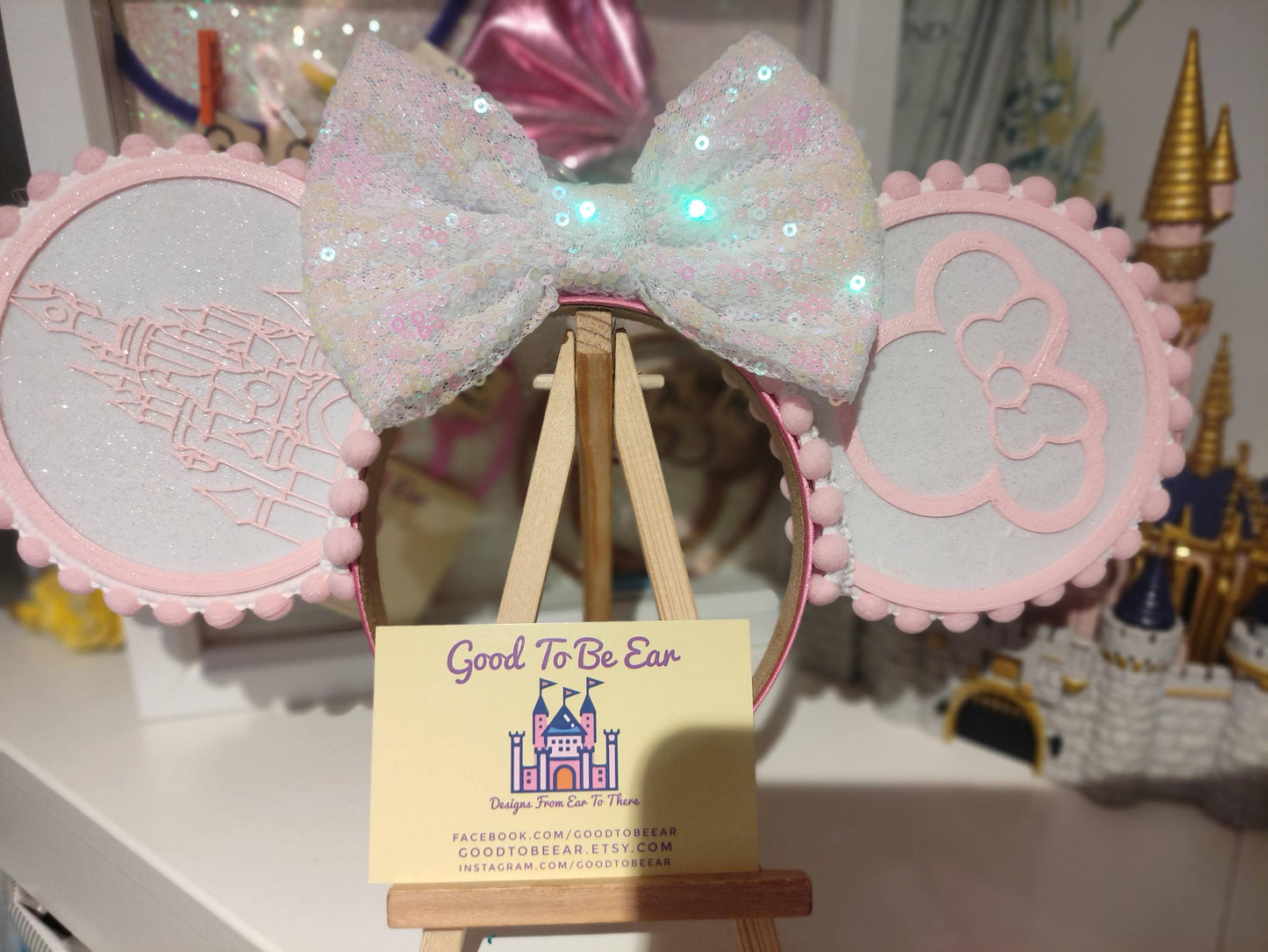 Sleeping Beauty Princess Castle Disney Minnie and Mickey Inspired Light Mouse Ears Headband - Disneyland Paris Pink White