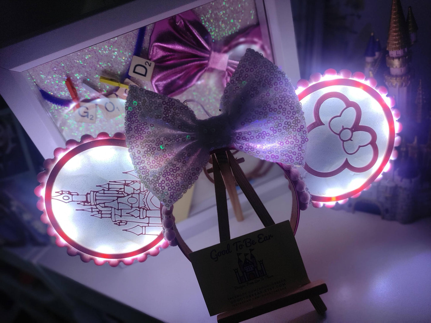 Sleeping Beauty Princess Castle Disney Minnie and Mickey Inspired Light Mouse Ears Headband - Disneyland Paris Pink White