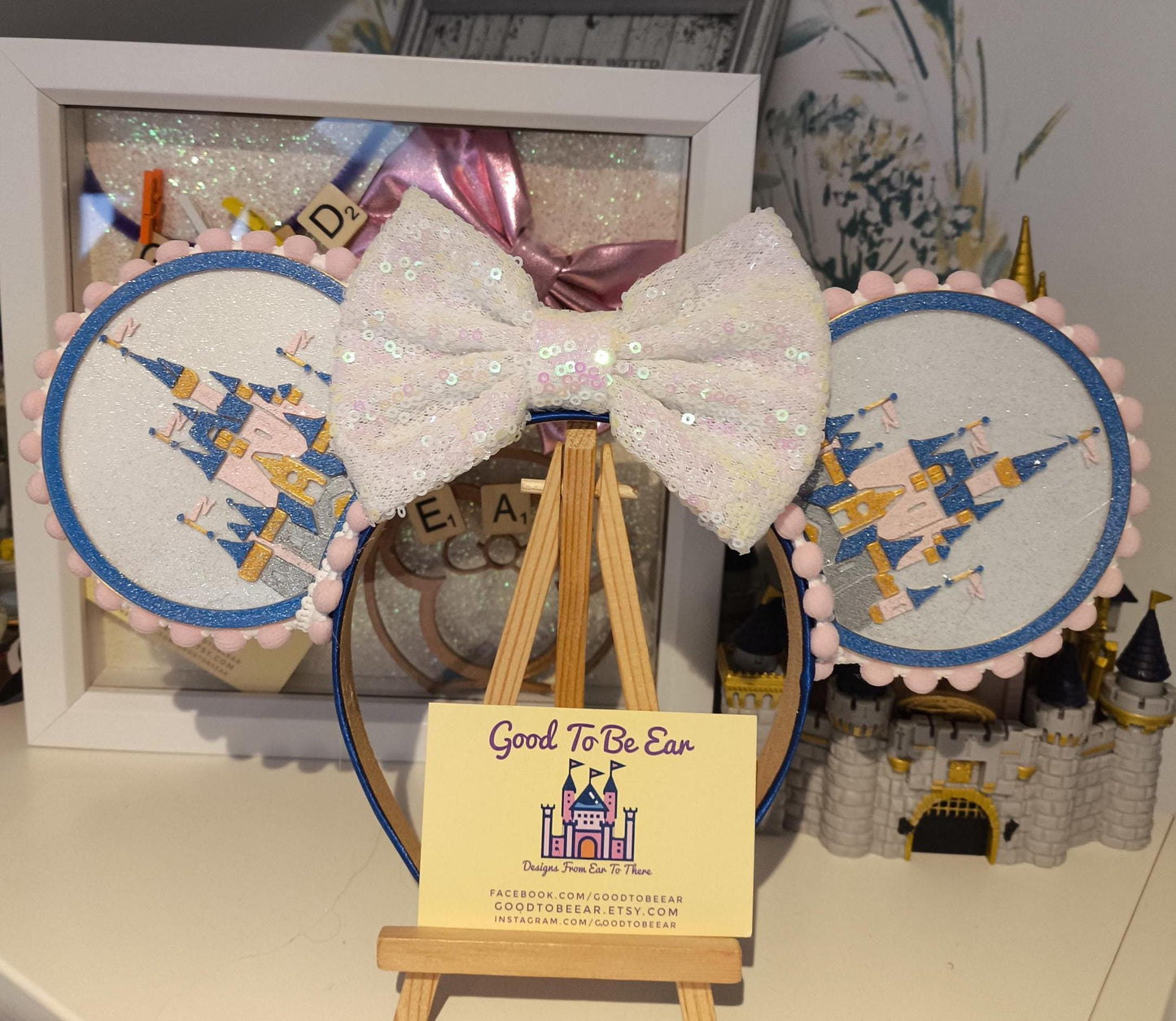 Cinderella Princess Castle Disney Minnie and Mickey Inspired Light Mouse Ears Headband- Disney World Magic Kingdom White Pink Blue