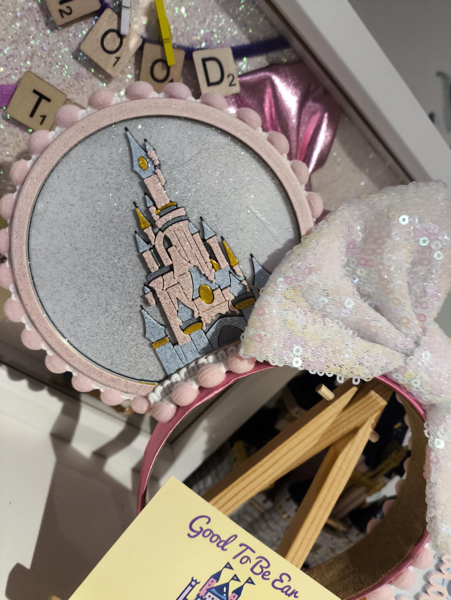 Sleeping Beauty Princess Castle Birthday Disney Minnie and Mickey Inspired Light Mouse Ears Headband- Disney Land White Blue Pink
