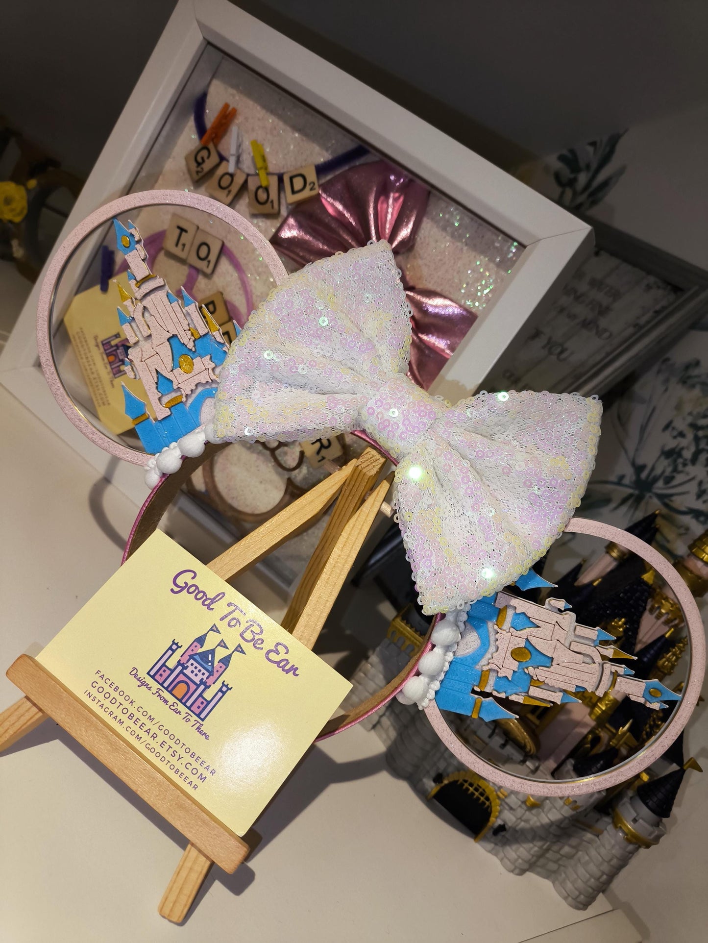 Sleeping Beauty Princess Aurora Castle Disney Minnie and Mickey Inspired Light Mouse Ears Headband - Disney Land Paris White Blue Pink