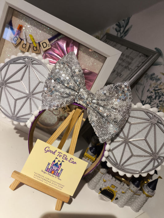 Epcot Spaceship Earth Disney Minnie and Mickey Inspired Light Mouse Ears Headband- Disney World White Silver Figment