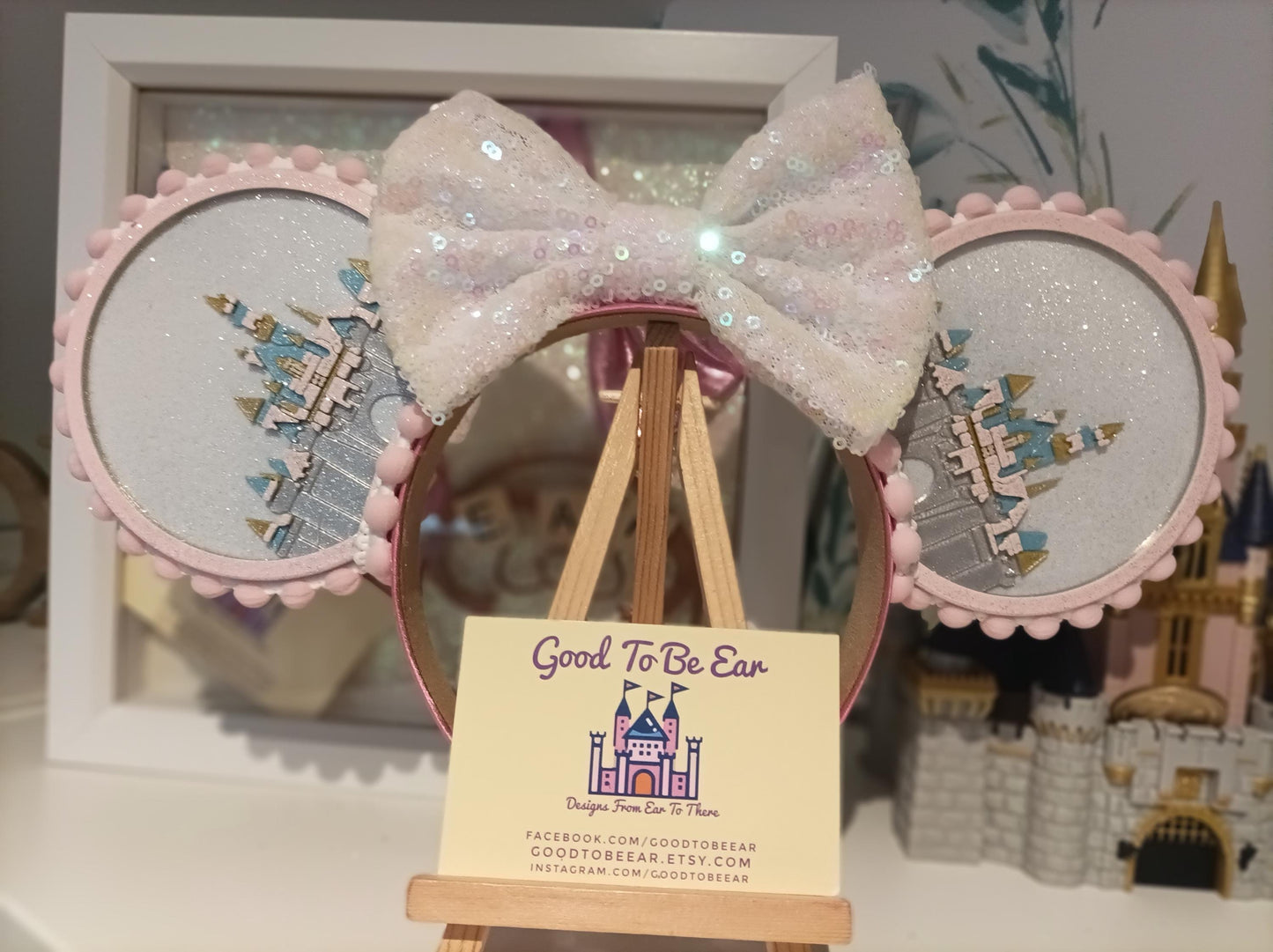 Sleeping Beauty Princess Castle Disney Minnie and Mickey Inspired Light Mouse Ears Headband - Disneyland Paris Pink White Silver
