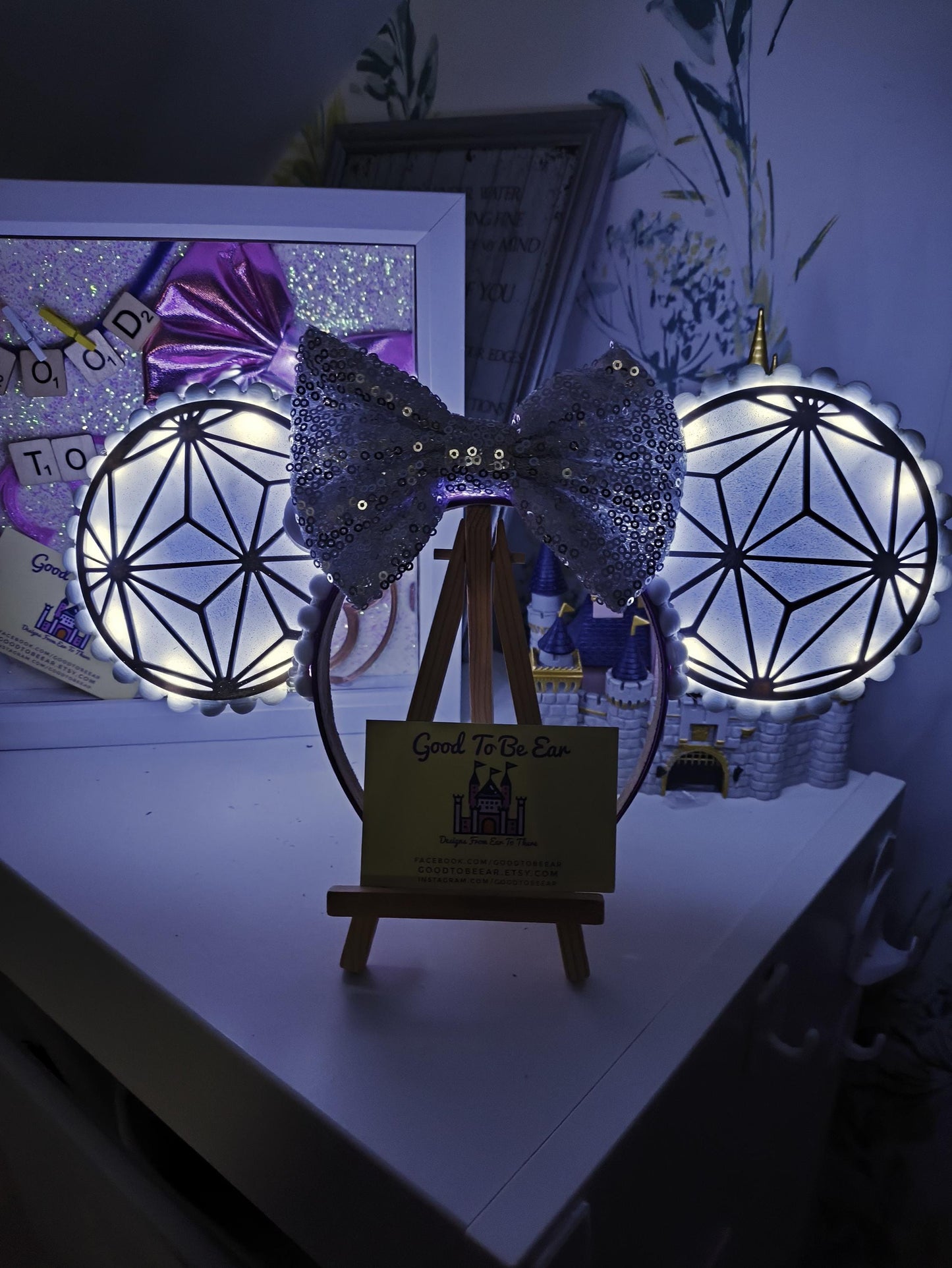 Epcot Spaceship Earth Disney Minnie and Mickey Inspired Light Mouse Ears Headband- Disney World White Silver Figment