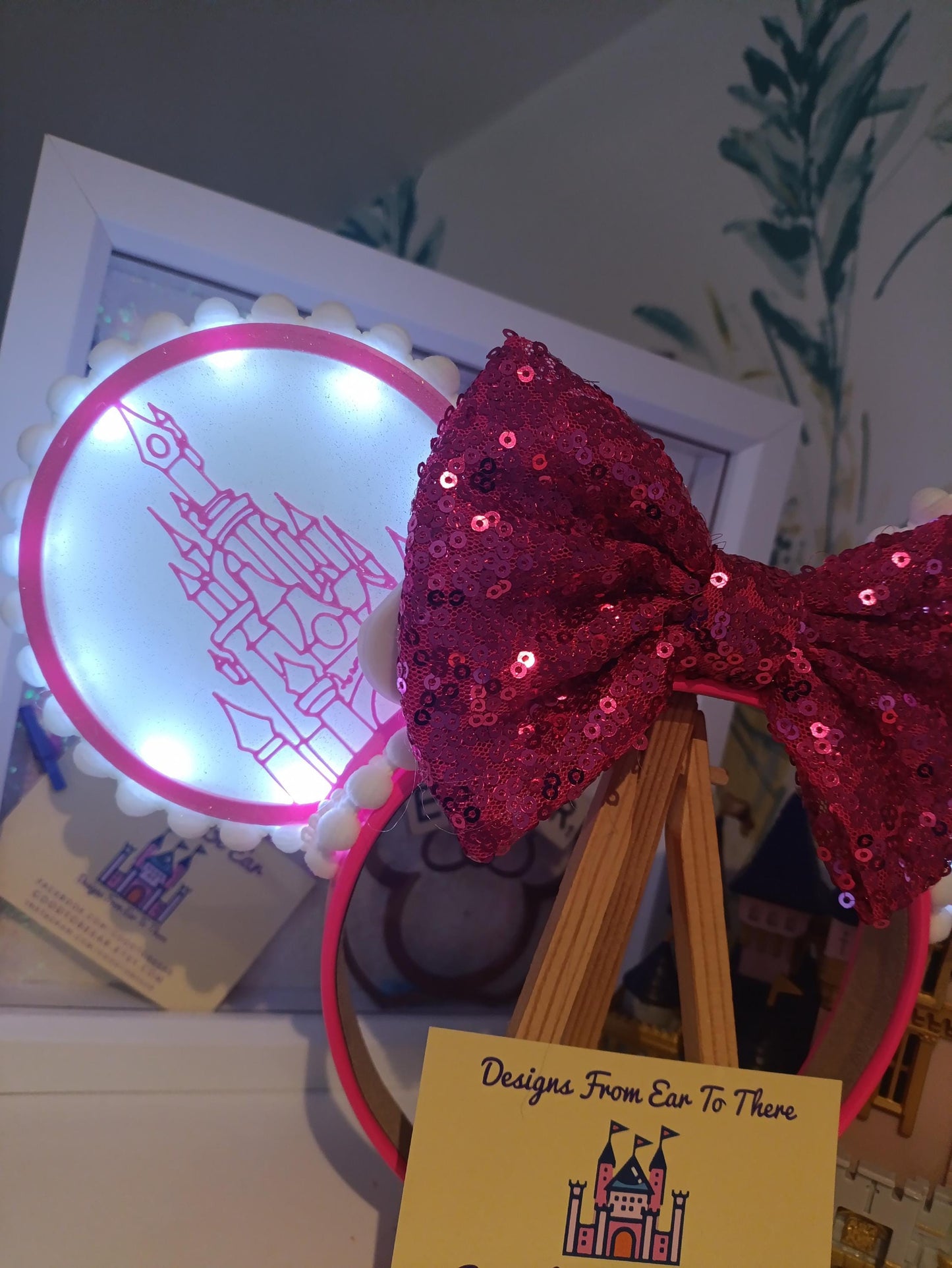 Sleeping Beauty Princess Castle Disney Minnie and Mickey Inspired Light Mouse Ears Headband - Disneyland Paris Bright Pink White