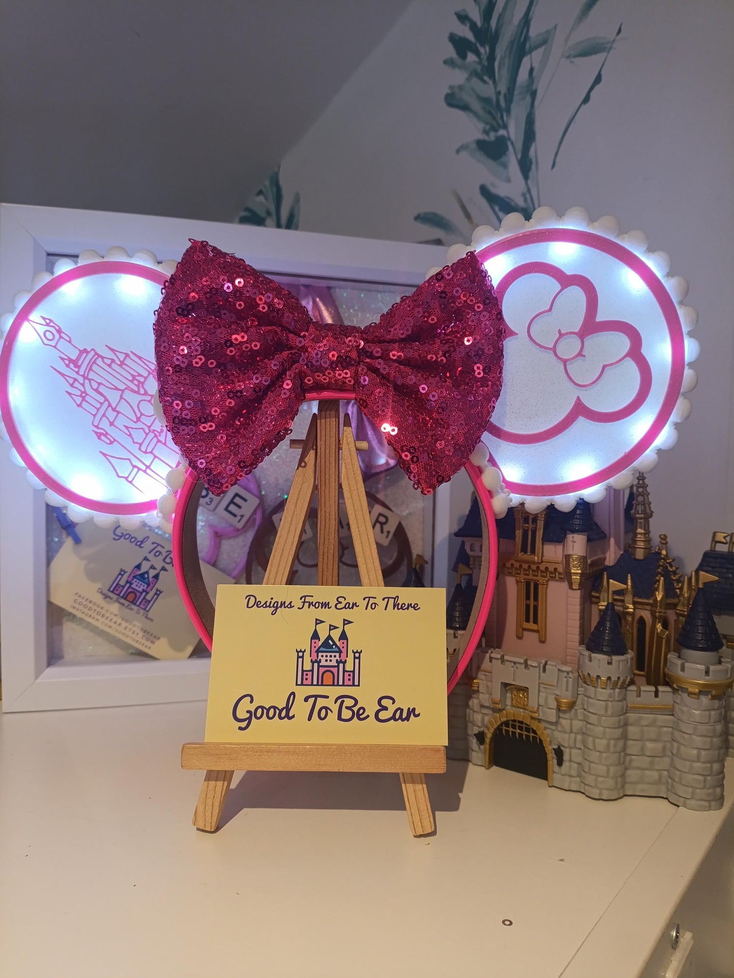 Sleeping Beauty Princess Castle Disney Minnie and Mickey Inspired Light Mouse Ears Headband - Disneyland Paris Bright Pink White