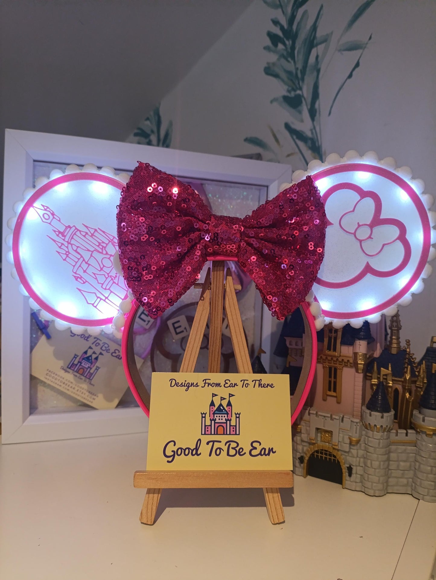 Sleeping Beauty Princess Castle Disney Minnie and Mickey Inspired Light Mouse Ears Headband - Disneyland Paris Bright Pink White