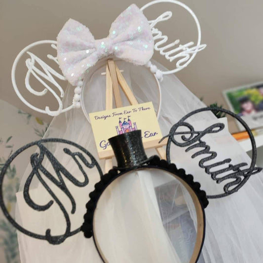 Personalised Bride Groom Veil Wedding Disney Minnie and Mickey Inspired Mouse Style Ears Headband Sparkly Sequin White Black Top Hat