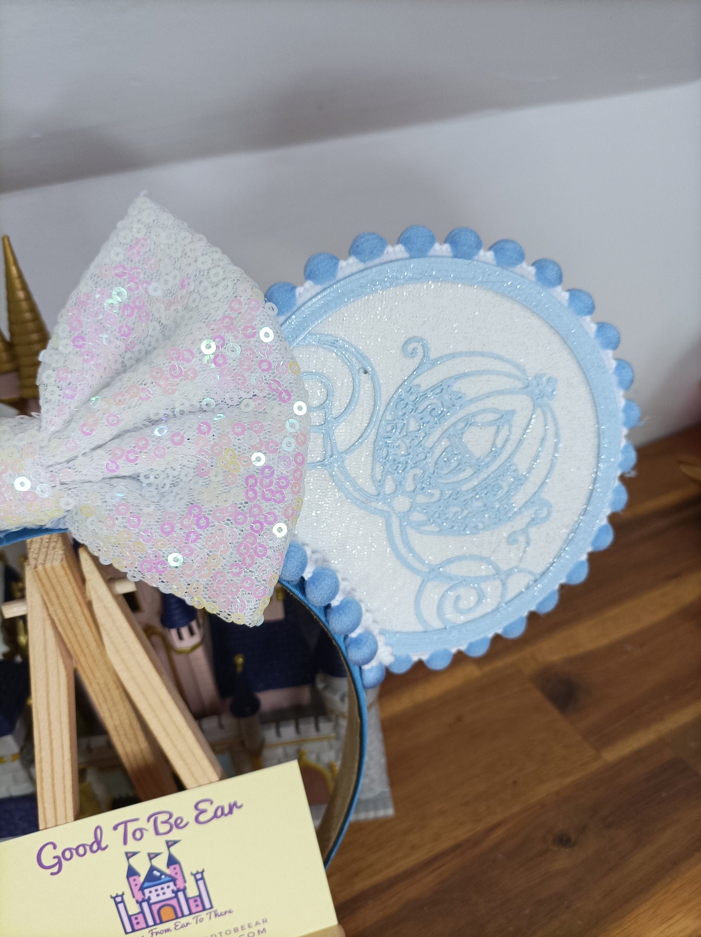 Cinderella Carriage Princess Disney Minnie and Mickey Inspired Mouse Style Ears Headband Sparkly Sequin White Blue