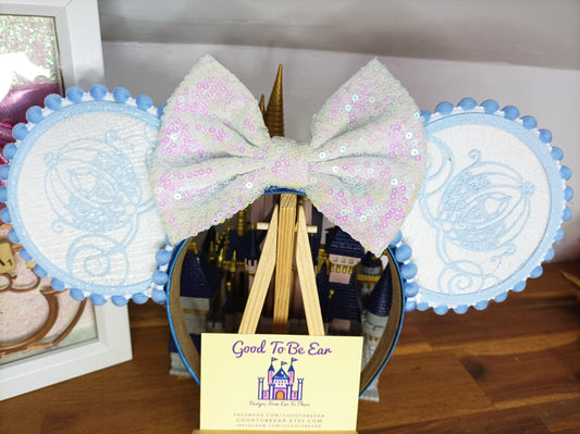 Cinderella Carriage Princess Disney Minnie and Mickey Inspired Mouse Style Ears Headband Sparkly Sequin White Blue