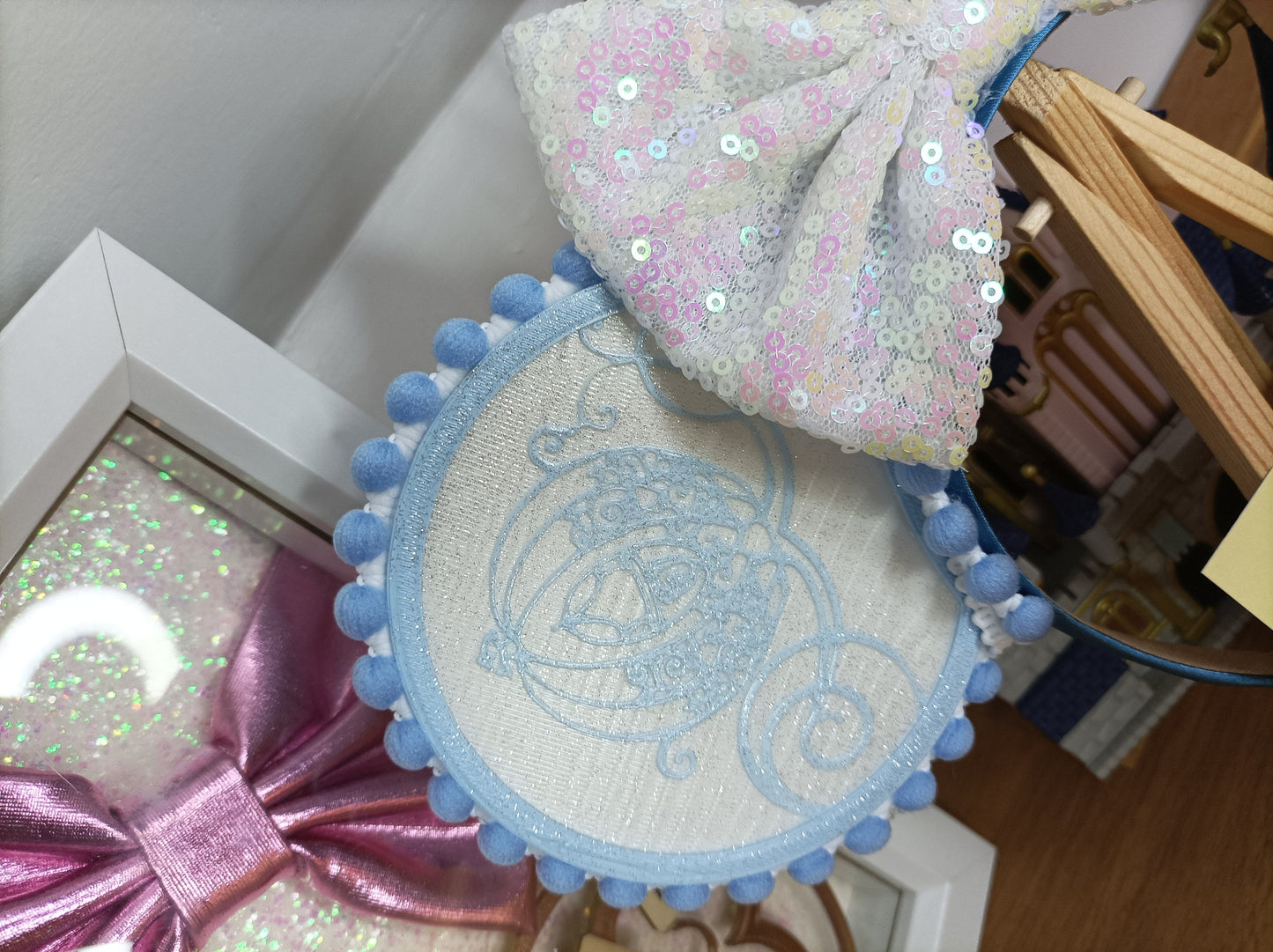 Cinderella Carriage Princess Disney Minnie and Mickey Inspired Mouse Style Ears Headband Sparkly Sequin White Blue