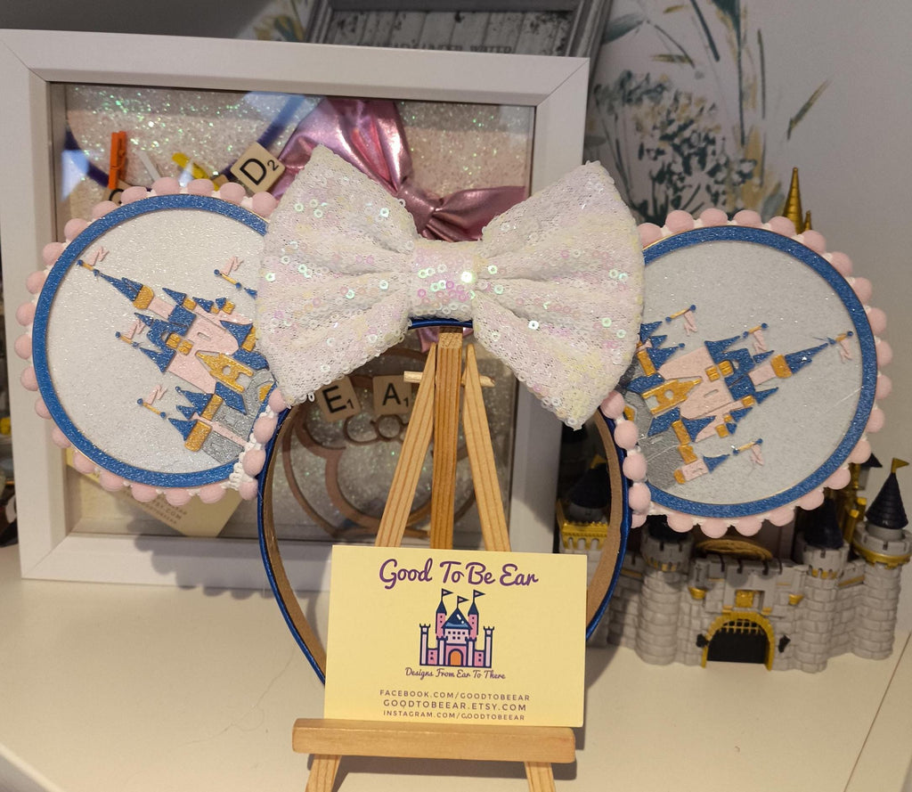 Cinderella Princess Castle Disney Minnie and Mickey Inspired Light Mouse Ears Headband- Disney World Magic Kingdom White Pink Blue