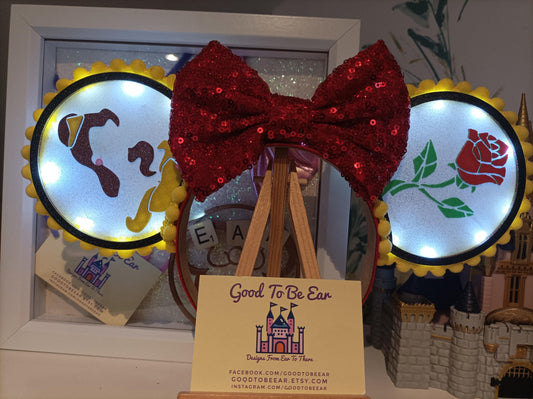 Belle Beauty Princess Disney Minnie and Mickey Inspired Light Mouse Ears Headband - Disney World Magic Kingdom Yellow Gold Red