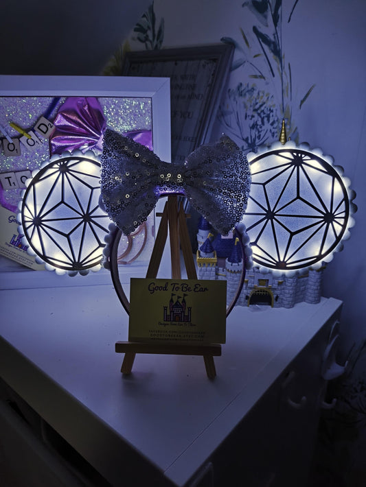Epcot Spaceship Earth Disney Minnie and Mickey Inspired Light Mouse Ears Headband- Disney World White Silver Figment