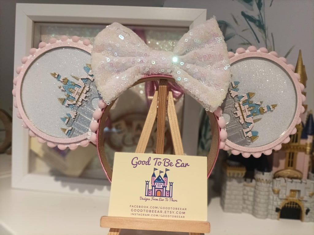 Sleeping Beauty Princess Castle Disney Minnie and Mickey Inspired Light Mouse Ears Headband - Disneyland Paris Pink White Silver
