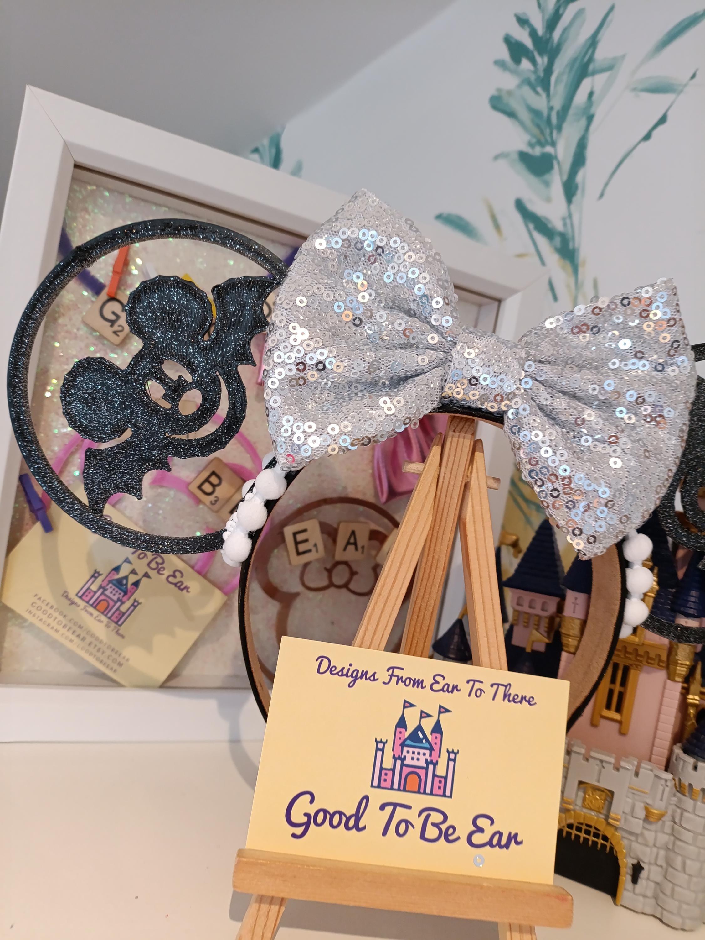 Halloween Bat Disney Minnie and Mickey Inspired Mouse Style Ears Headband Sparkly Sequin Black Silver Scary Party