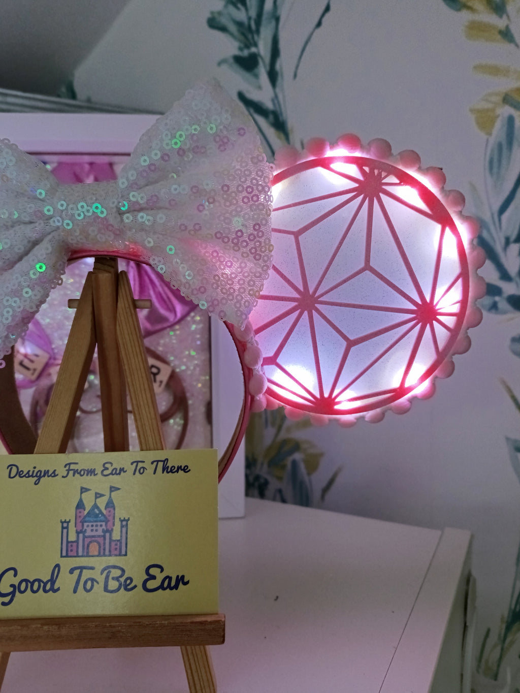 Pink Epcot Spaceship Earth Disney Minnie and Mickey Inspired Light Mouse Ears Headband- Disney World White Figment