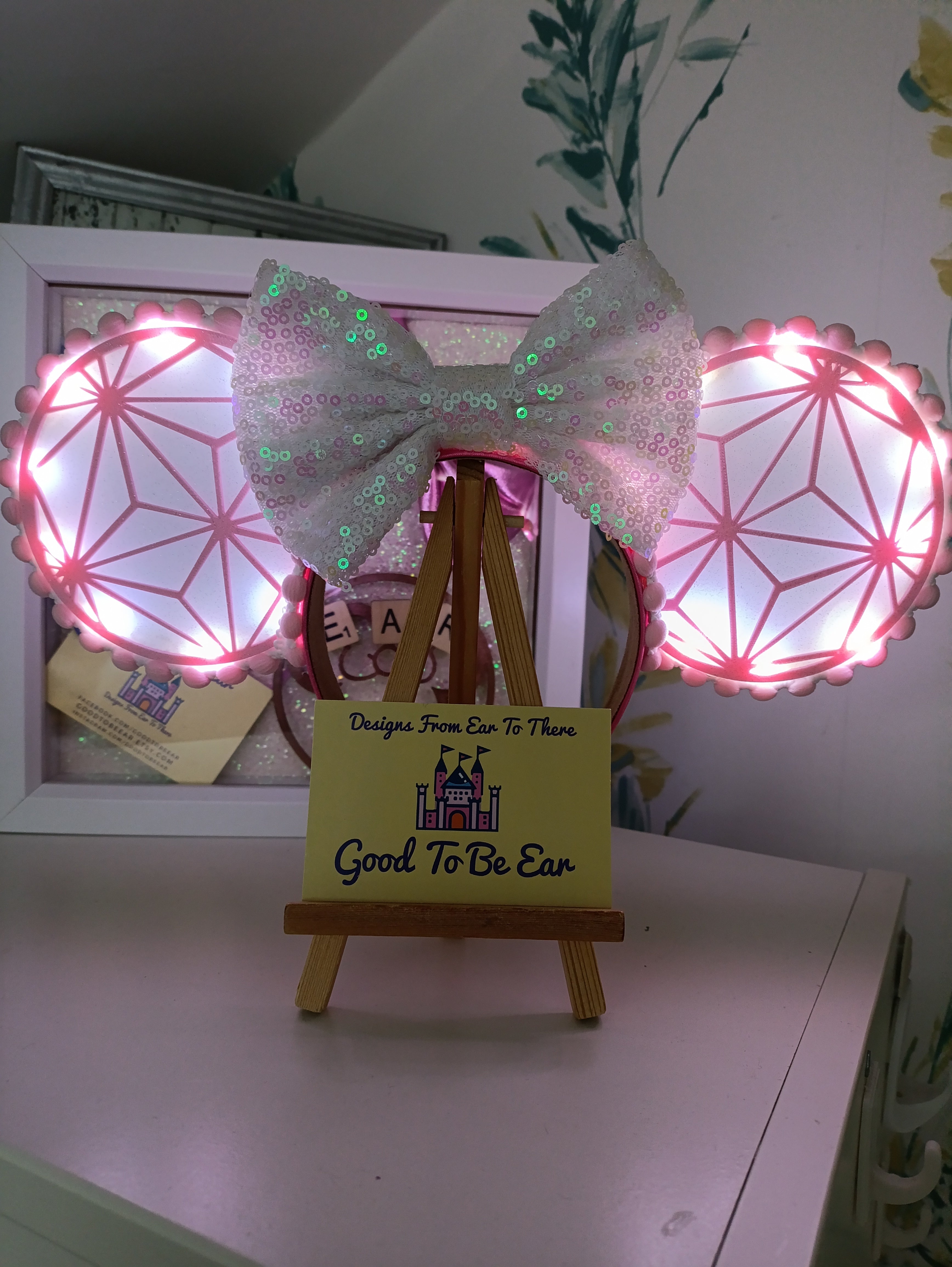 Pink Epcot Spaceship Earth Disney Minnie and Mickey Inspired Light Mouse Ears Headband- Disney World White Figment