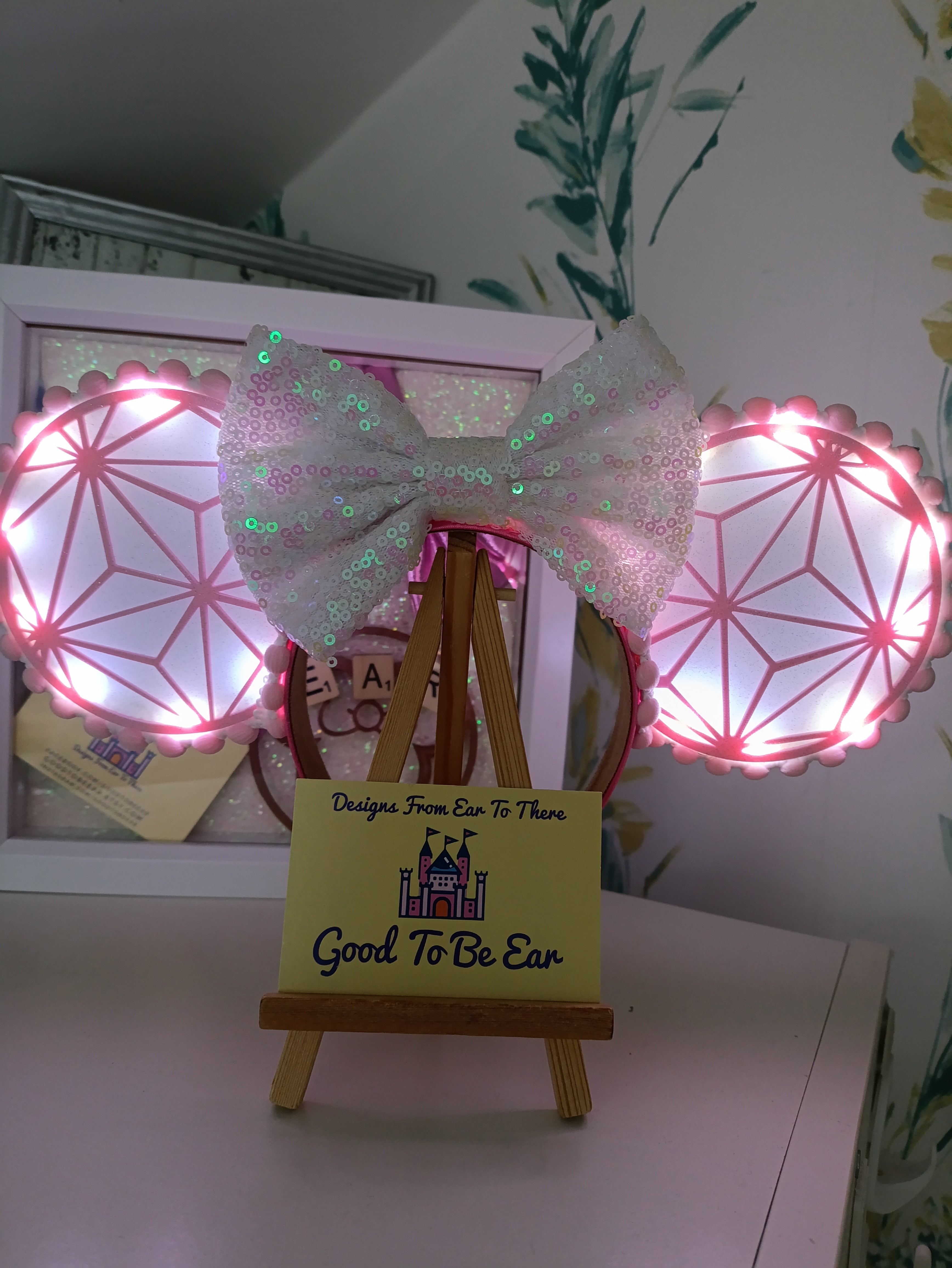 Pink Epcot Spaceship Earth Disney Minnie and Mickey Inspired Light Mouse Ears Headband- Disney World White Figment