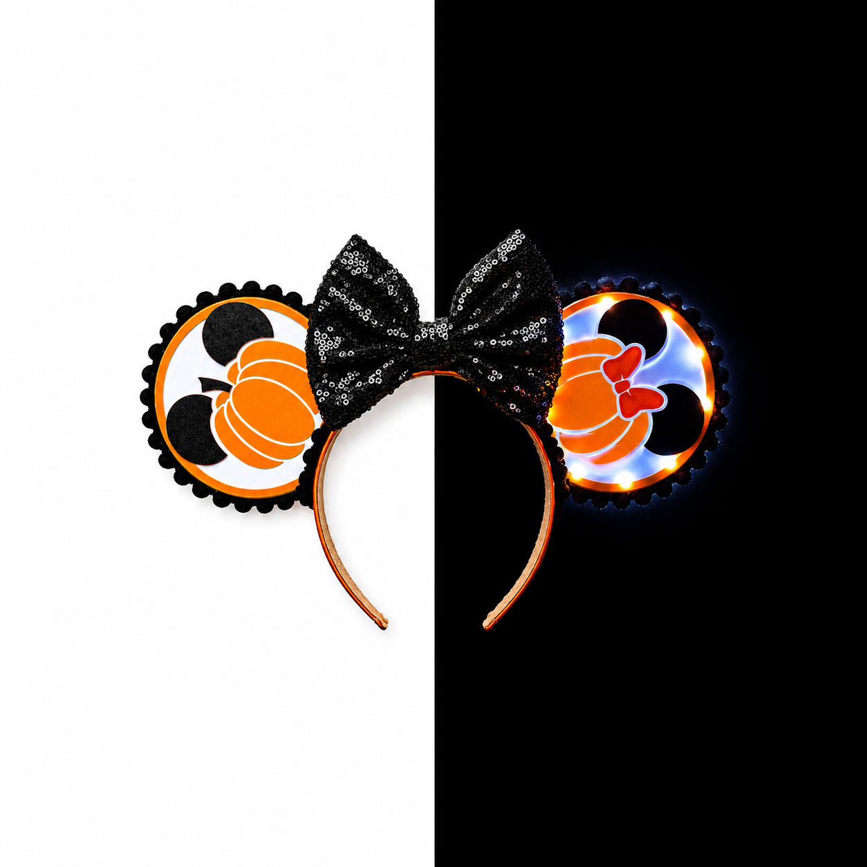 Halloween Pumpkin Light Disney Minnie and Mickey Inspired Mouse Ears Headband Sparkly Sequin - Magic Kingdom Scary Party Black Orange White